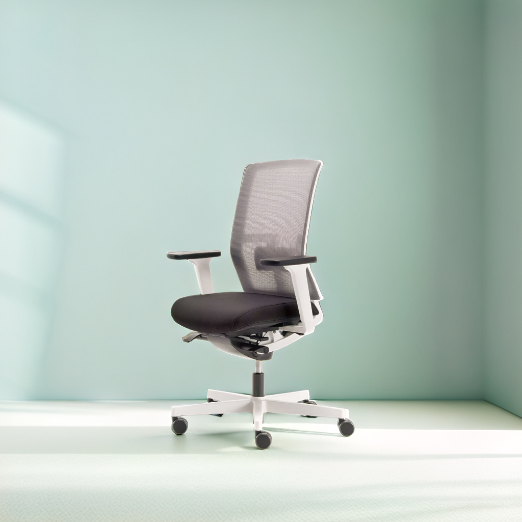 m2 task chair, fabric black, mesh back, white plastic, polyamide base on castors