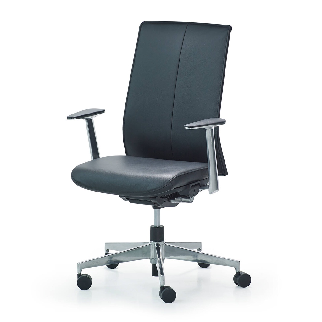 Autobalance manager chair, vaste armleggers, aluminium kruisvoet, Leer zwart